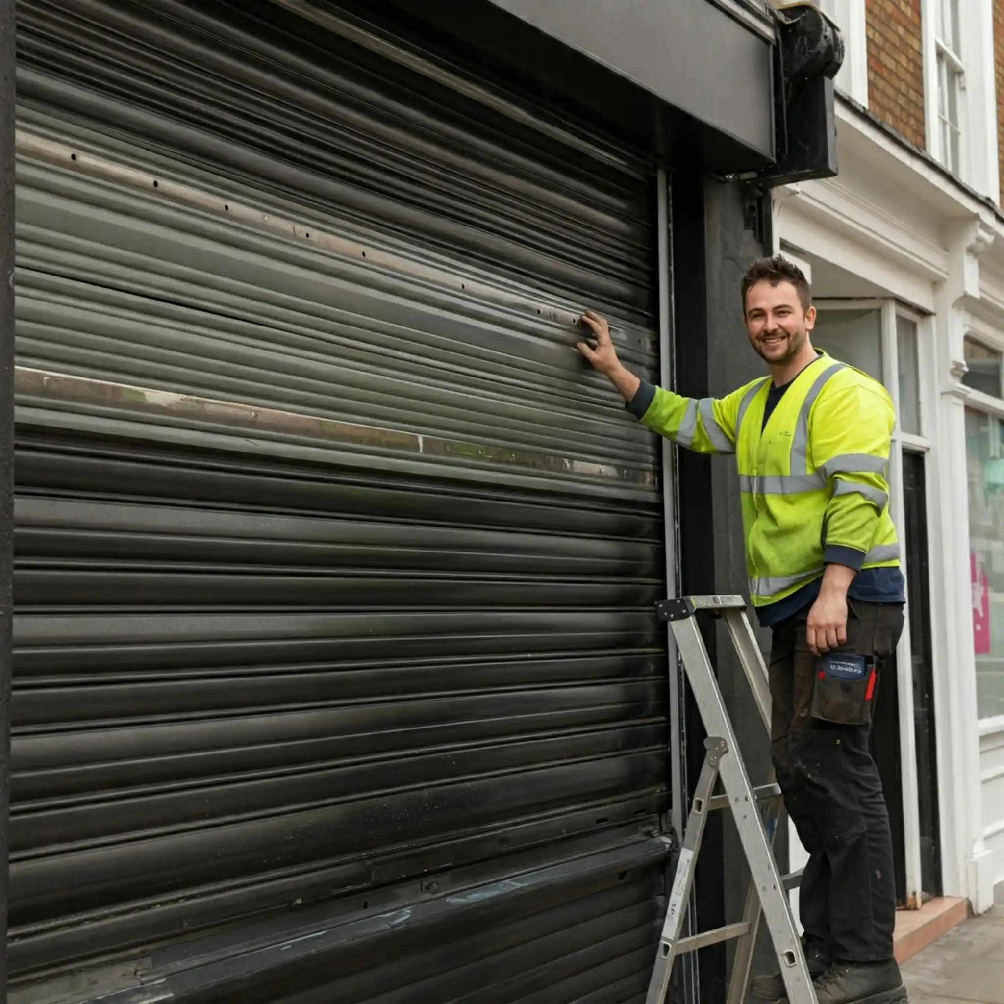 Professional shutter repair engineer working on a roller shutter in Canvey Island